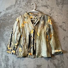 CITRON SANTA MONICA Asian Inspired Linen Silk Blouse Green Yellow Floral XS P