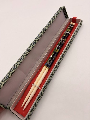 Vintage Hand-Carved Black & Gold Cloisonné Chopsticks