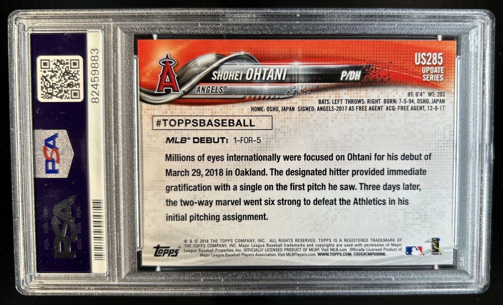 2018 Topps Update Shohei Ohtani RC Rookie #US285 Angels PSA 10 GEM MINT view 2