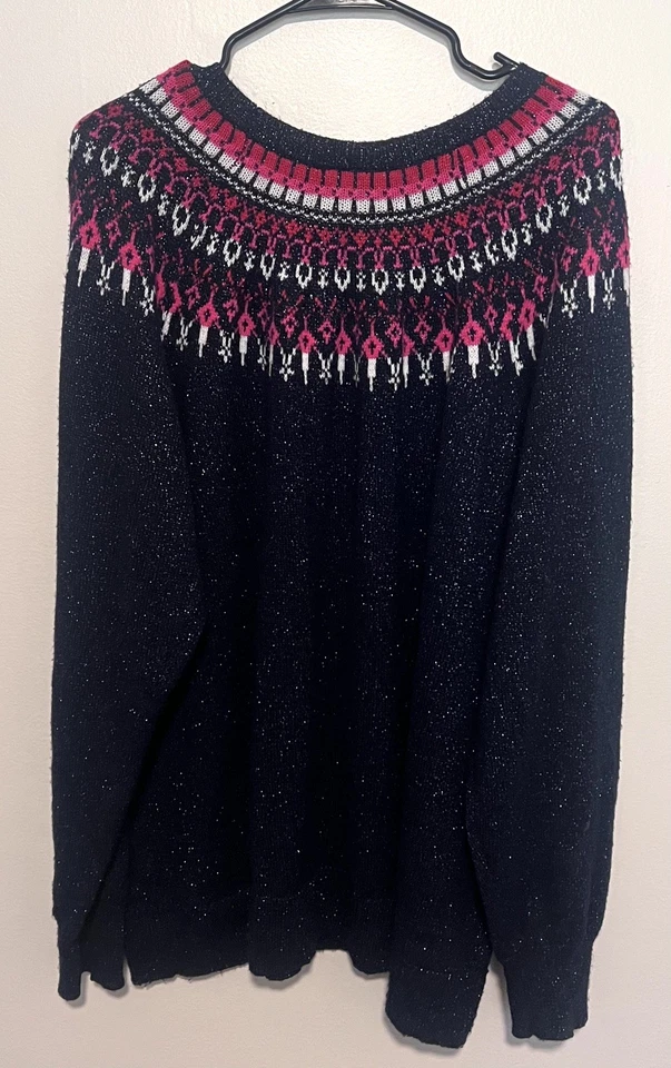 Suéter Lane Bryant Sparkly Fair Isle Azul Marino Para Mujer’s 26 28 3X Mezcla Festiva de Lana  Foto 4 de 4