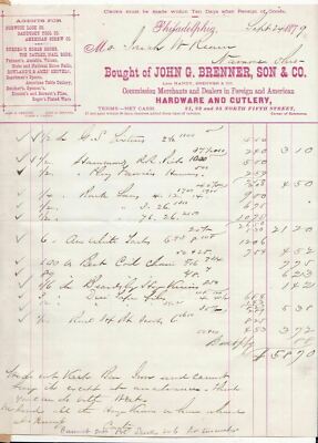 U.S. John G. Brenner, Son & Co. Phil.1879 Hardware and Cutlery Receipt Ref 37837