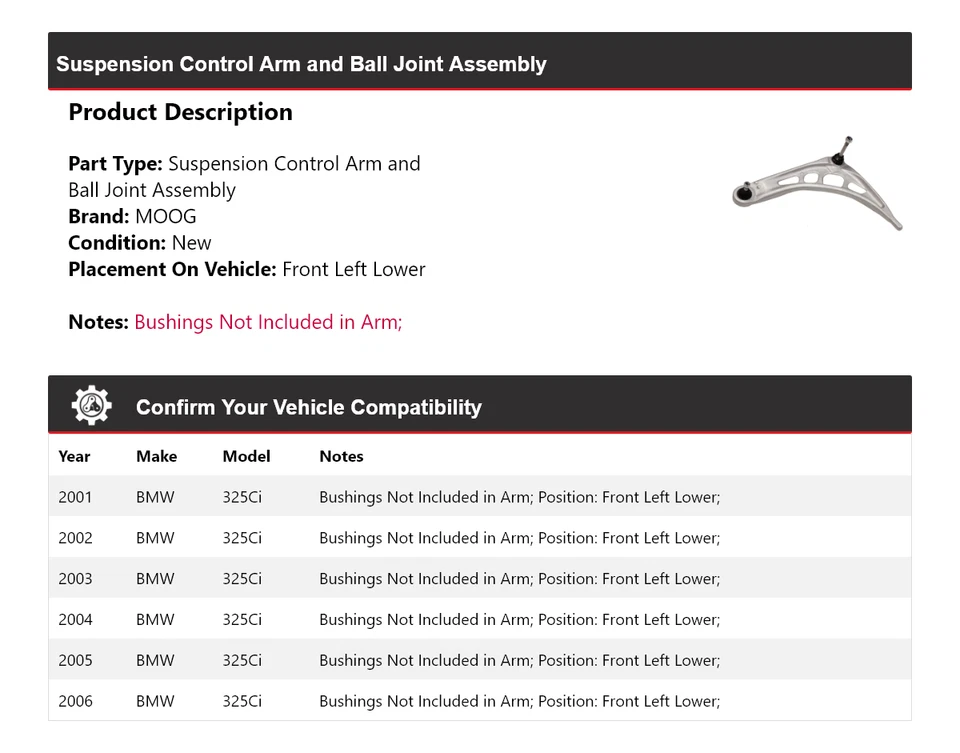 Conjunto de rótula de brazo de control delantero izquierdo inferior MOOG para BMW 325Ci 2001-2006  Foto 2 de 4