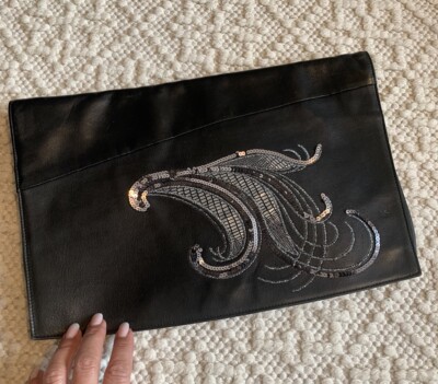 Kuhn Modell Vintage echt Leder Party Tasche schwarz Clutch groß Pailletten Nappa