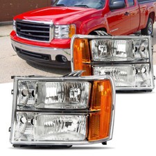 Pair Headlights For 2007-2013 Gmc Sierra 1500 2500hd 3500hd Chrome Amber Lhrh
