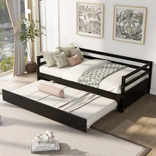 Twin Size Daybed w/ Trundle Wood Platform Bed w/ Wood Slat Support Espresso US