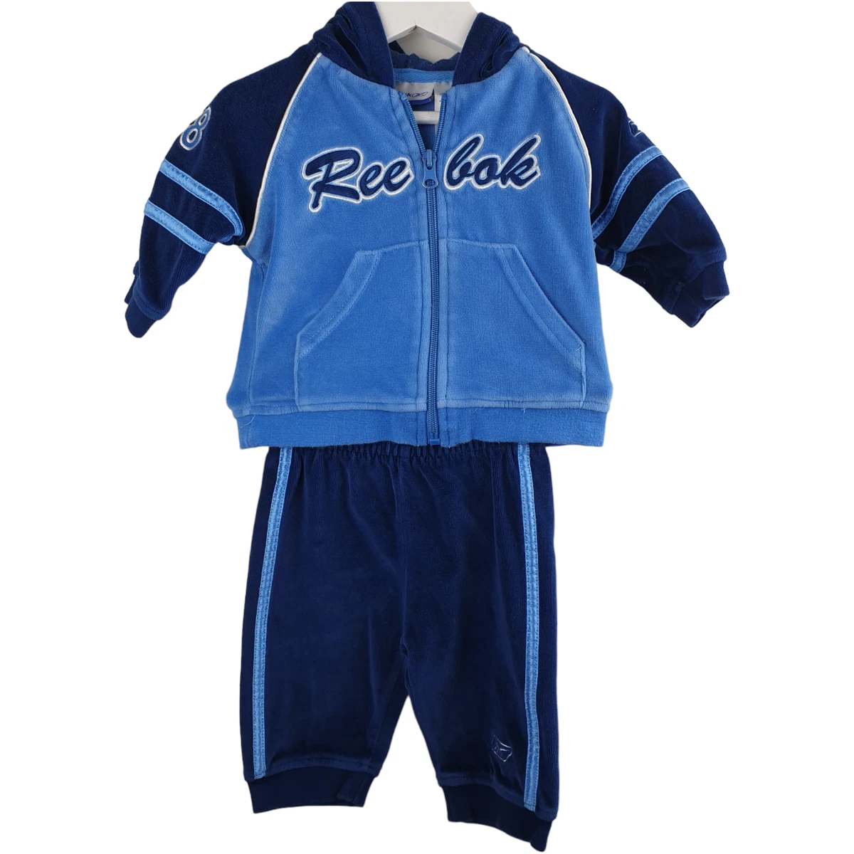 Reebok USA Baby Boys Velour Tracksuit 2 Piece Set Size 9-12 Months Blue  Navy Vg