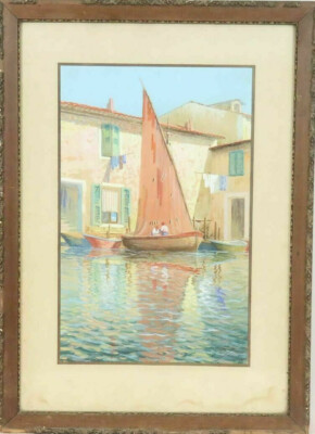 ::WATERCOLOUR INDISTINCT. SIGN. FROM 1913 SOUTHERN LAIN FISHERMEN IN BOAT ON HOUSE FRONT