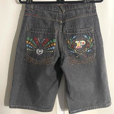 Vintage Phat Farm PF 92 Black Denim Long Shorts Embroidered And Print Size 16