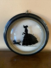 Black Silhouette Reverse Painting Convex Glass Round Frame Victorian Lady+Dog