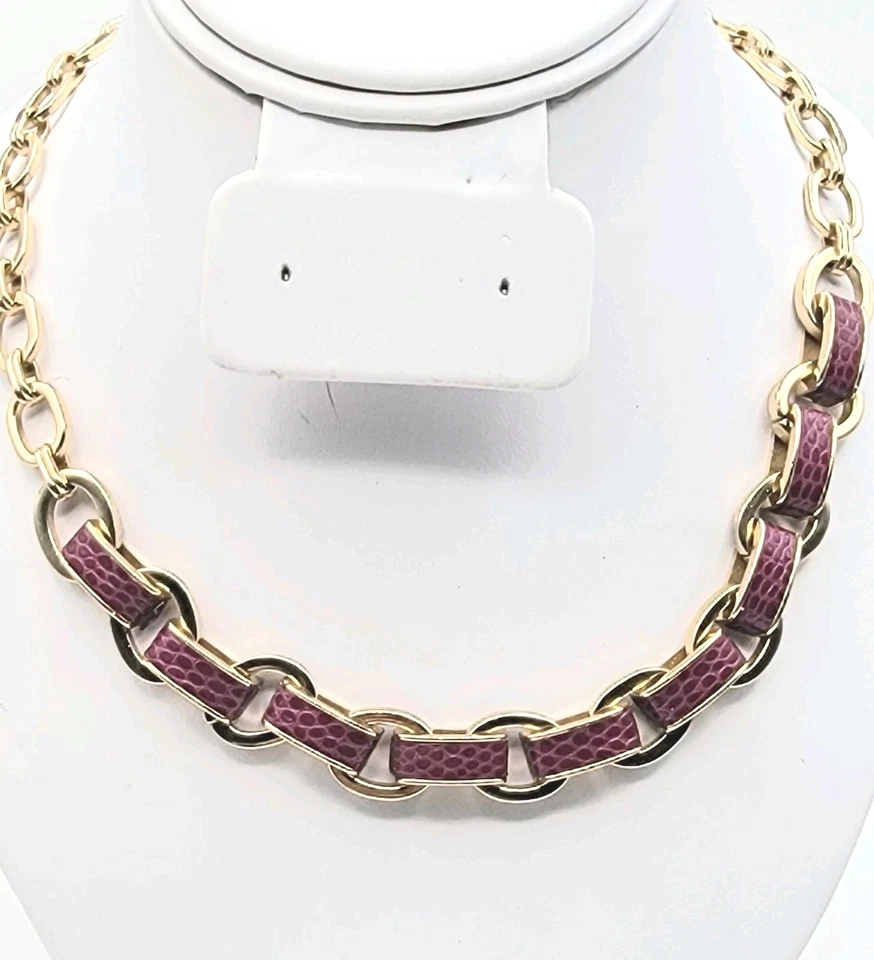 Gargantilha de corrente Anne Klein tom dourado couro borgonha robusto colar vintage - Imagem 3 de 4