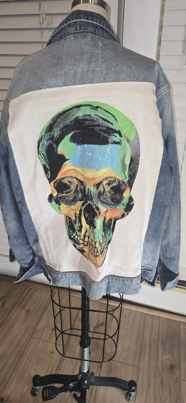 HEADS OR TAILS Denim Jacket Glitter Skull Head size XL