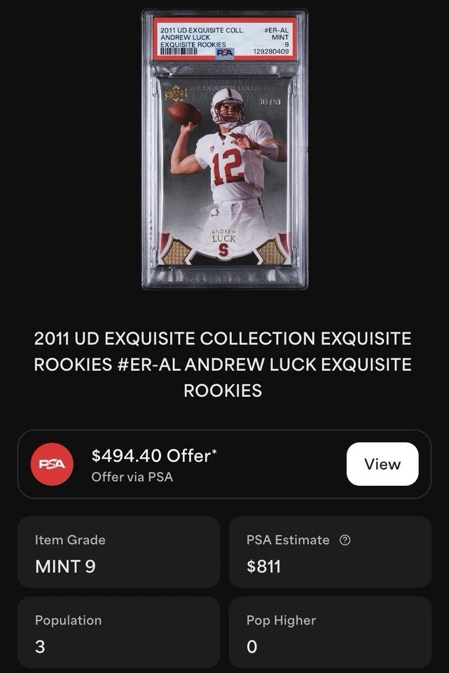 Upper Deck Exquisite Collection 2011/99 Andrew Luck RC PSA 9 Pop 3 ninguno superior Foto 4 de 4