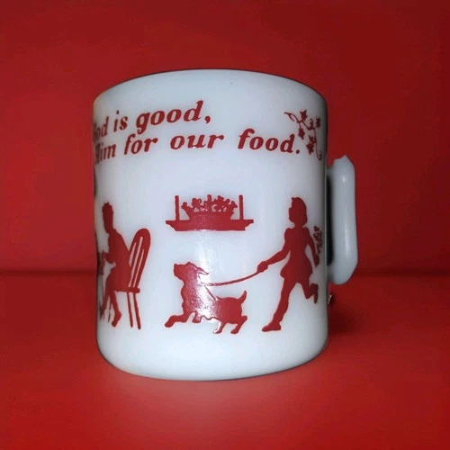 Vintage Hazel Atlas Milk Glass Child's Prayer Mug God Is Great Red & White 1950s