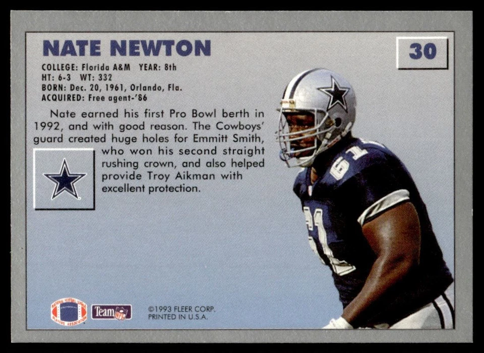 1993 Fleer Nate Newton Dallas Cowboys #30 - Image 2 of 2