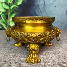 Collect Old Pure copper gilt hand made double dragon incense burner ornament