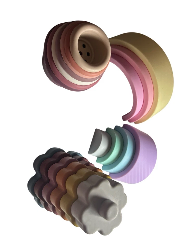 Elbebe Stacking Cup Block Set NIB Silicone Rainbow Shapes Stacker 16 Pieces Baby - Image 2 of 4