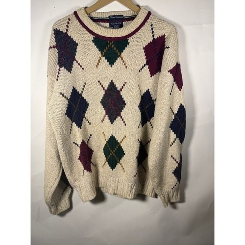 GANT Men's Argyle Sweater Cream Burgundy Navy Green Crew Neck Pullover L