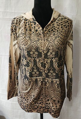 B.L.E.U. Women's Hoodie Sweater Full Zip Paisley Animal Print Embellished Sz PM