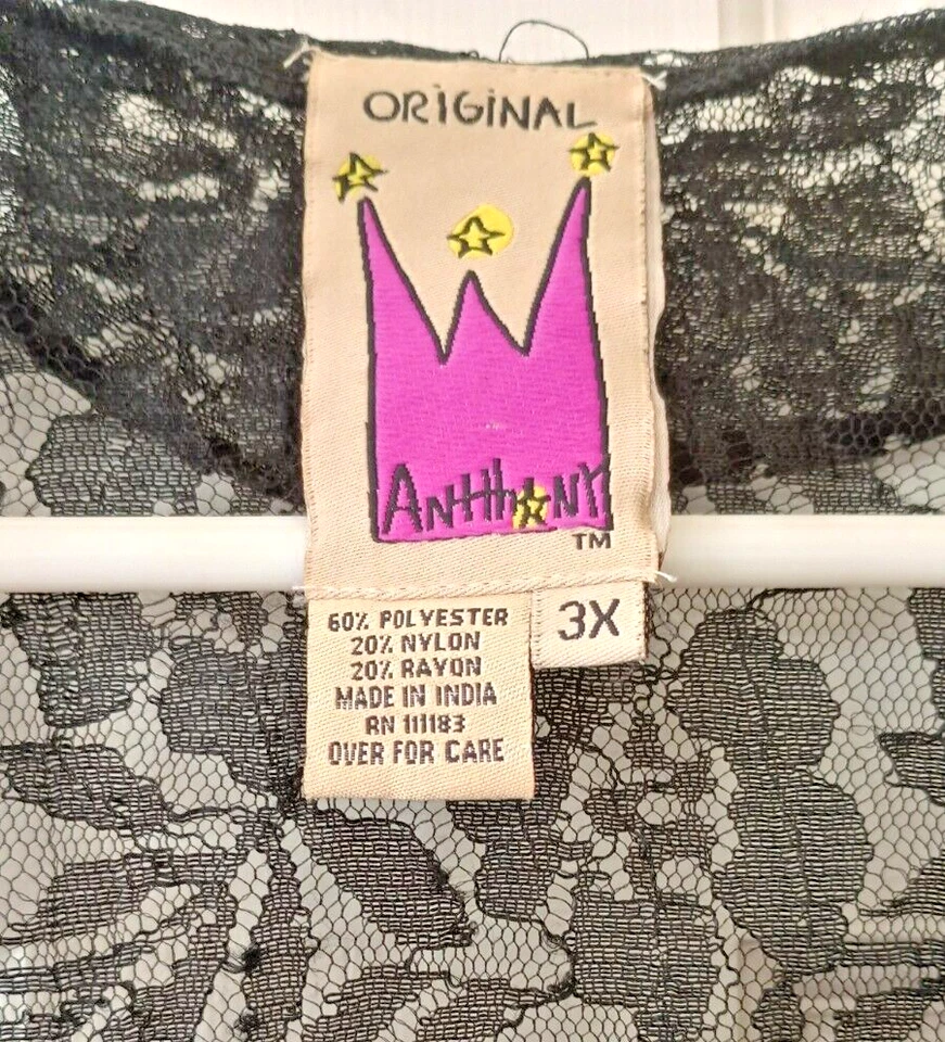 Original Anthony Kimono Top Floral Black Beige Lace Open Jacket Ruffle Hem 3X - Image 4 of 4