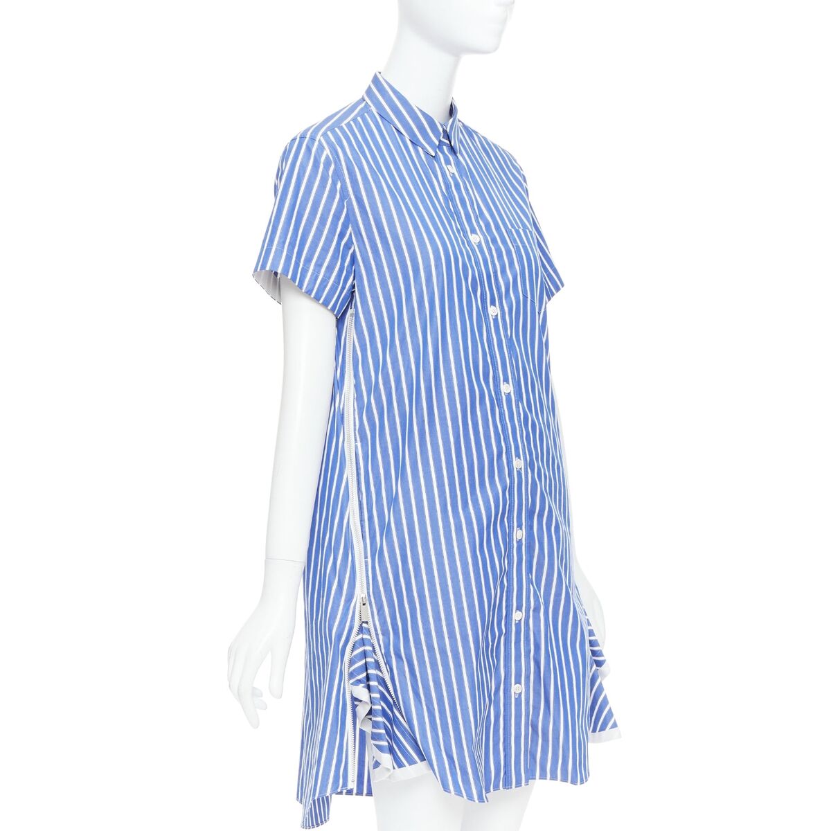 SACAI 2018 blue white cotton striped cascade zip side shirt SACAI 2018 blue white cotton striped cascade zip side shirt