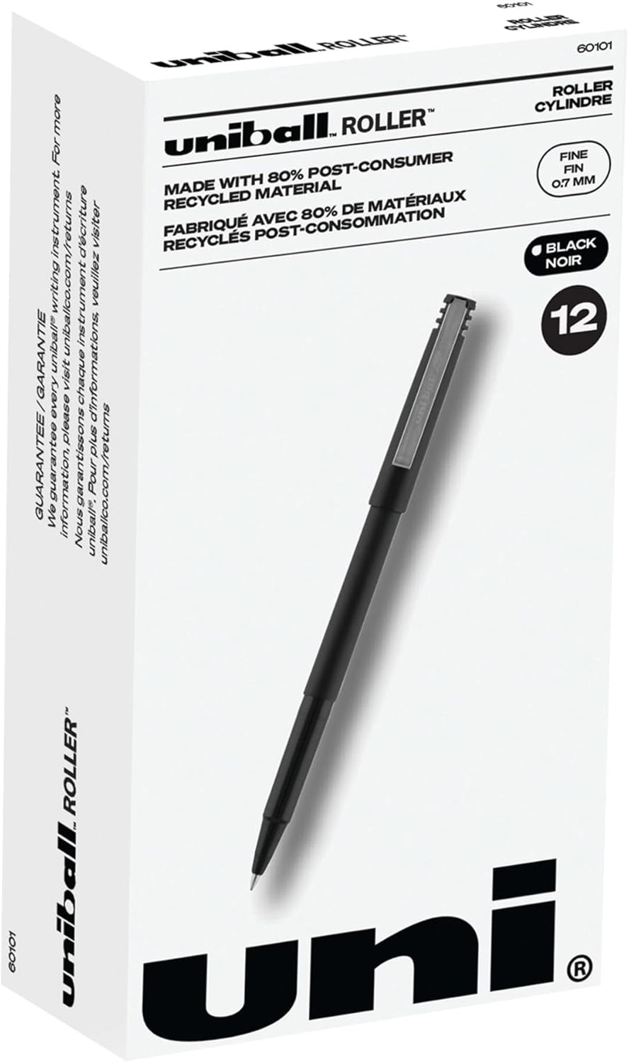 Uniball 12-Pack Black Rollerball Pens, 0.7mm Fine Point Ink for Journaling