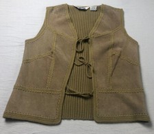 Young East Vest Jacket Sleeveless Tie Knit Leather Woman Size 9/10 Beige Stretch