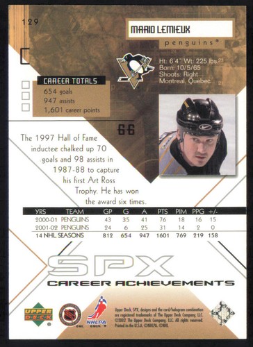 Mario Lemieux 2002-03 SPx #129 SN Pittsburgh Penguins - Picture 2 of 2