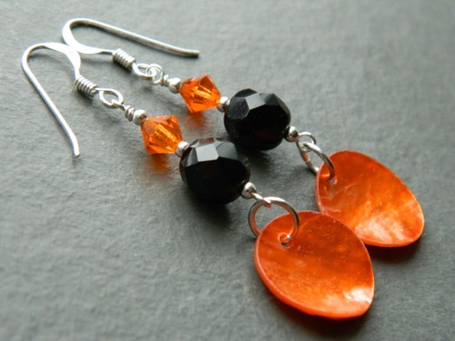 Metallic Orange MoP Shell Discs, French Jet, Crystal & Sterling Silver Earrings - Picture 10 of 14