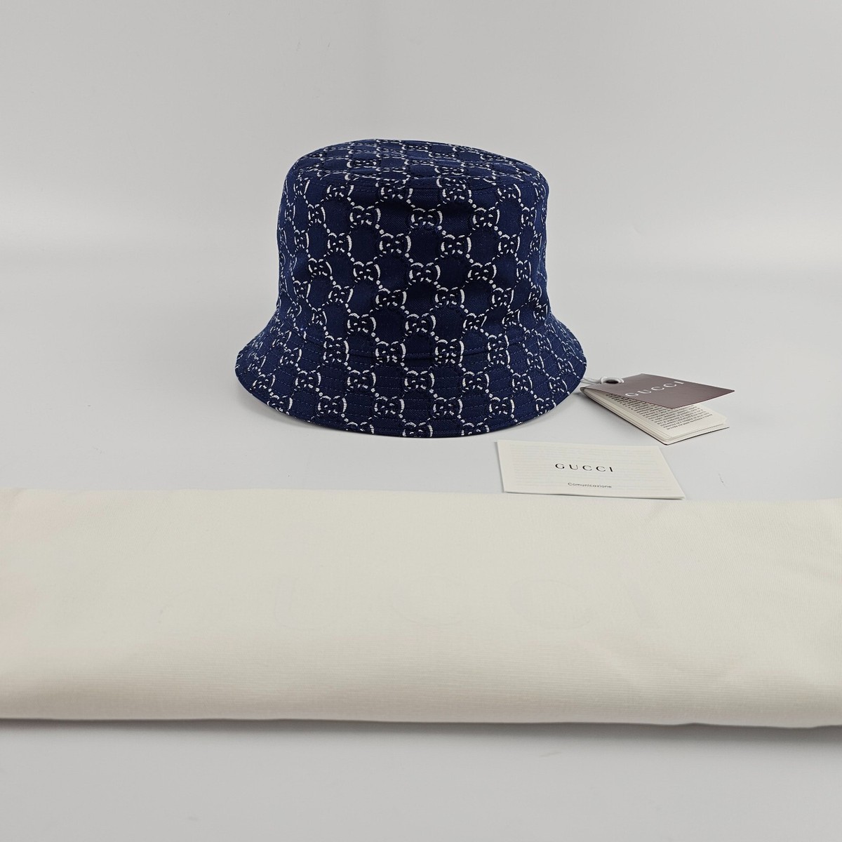 GUCCI $675 Blue Cotton GG Shadow Bucket Hat New And