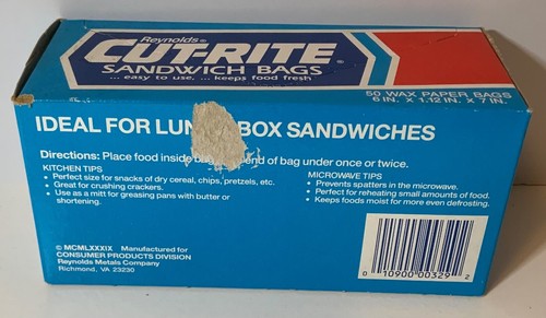Vintage 1989 NOS Reynold’s Cut-Rite Wax Paper Sandwich Bags Blue Box of 50 - Picture 2 of 5