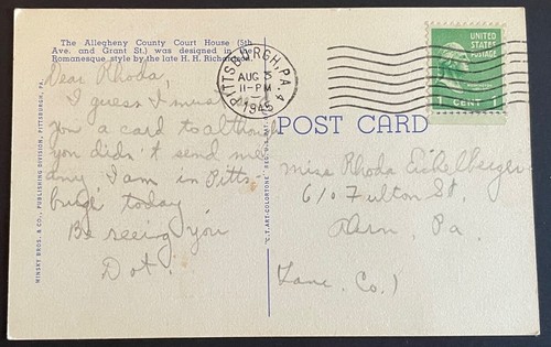 Pittsburgh, Pennsylvania Post Card - mailed Aug 3, 1945, addressed to Akron, PA