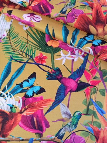 Printed velour velvet upholstery fabric 355g/m2 Flamingo on Yellow green HALF MR - Picture 3 of 5