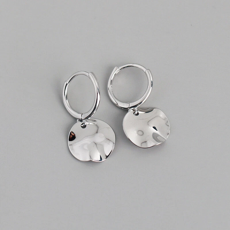 Woman s925 Sterling Silver Disc Hoop Round Glossy Earring Clip Huggie Dangle - Image 4 of 4