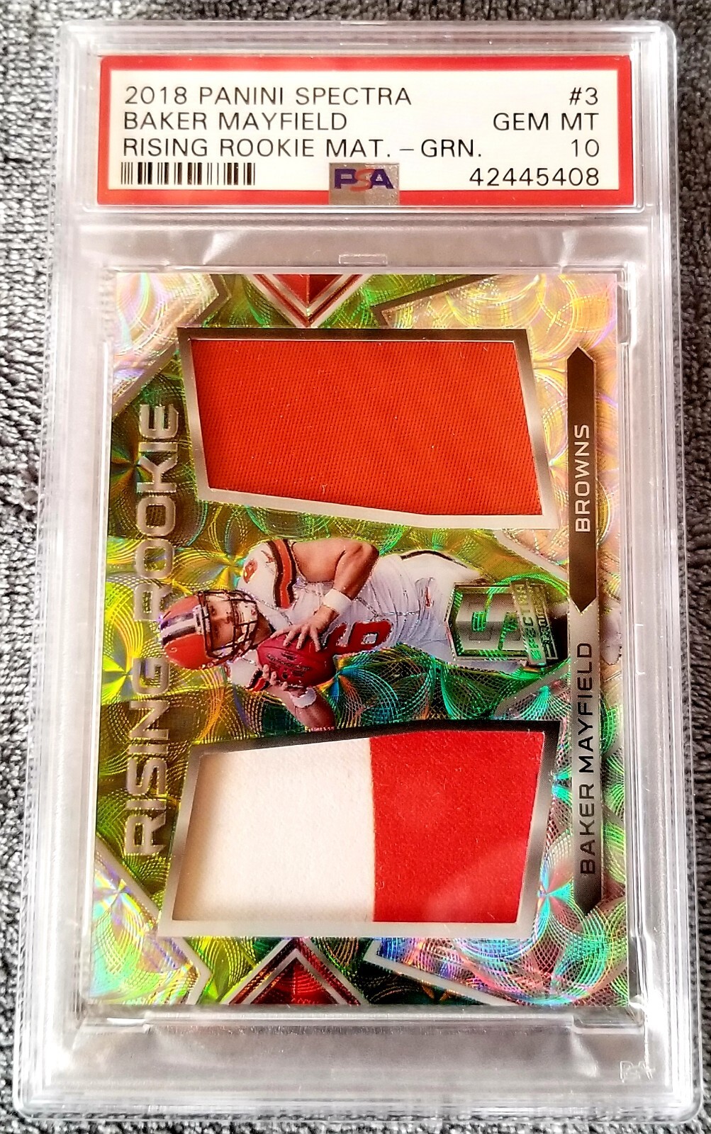 Baker Mayfield Panini Spectra Rising Rookie Materials #3 Green