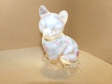 Vintage Fenton Pink Iridescent Sitting Cat w/ Hand painted Flowers