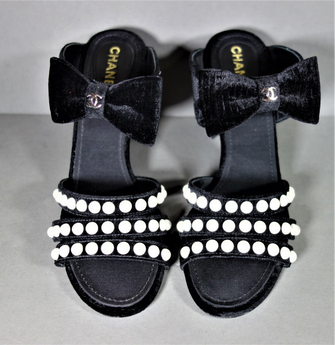 Chanel 36.5 Sandals Mules Black Ribbed Velvet Pearls Bow CC