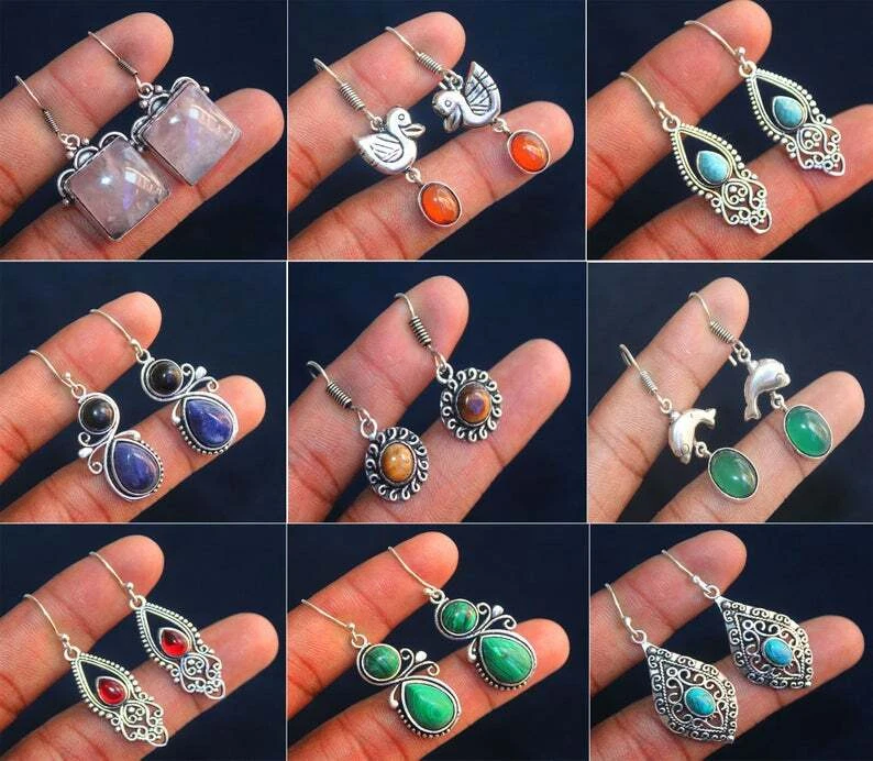 Lote de brincos de pedra preciosa de cristal folheados a prata brincos feitos à mão MR-004 - Imagem 2 de 4