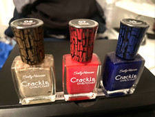 SALLY HANSEN Crackle Overcoat Nail Polish, Lot of 3, Cherry+ Denim + Gold NEW