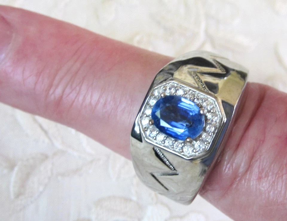 Anillo de cianita y circón blanco para hombre / talla 14 / plata de ley 925 / 1,85 quilates 9,9 g Foto 2 de 4