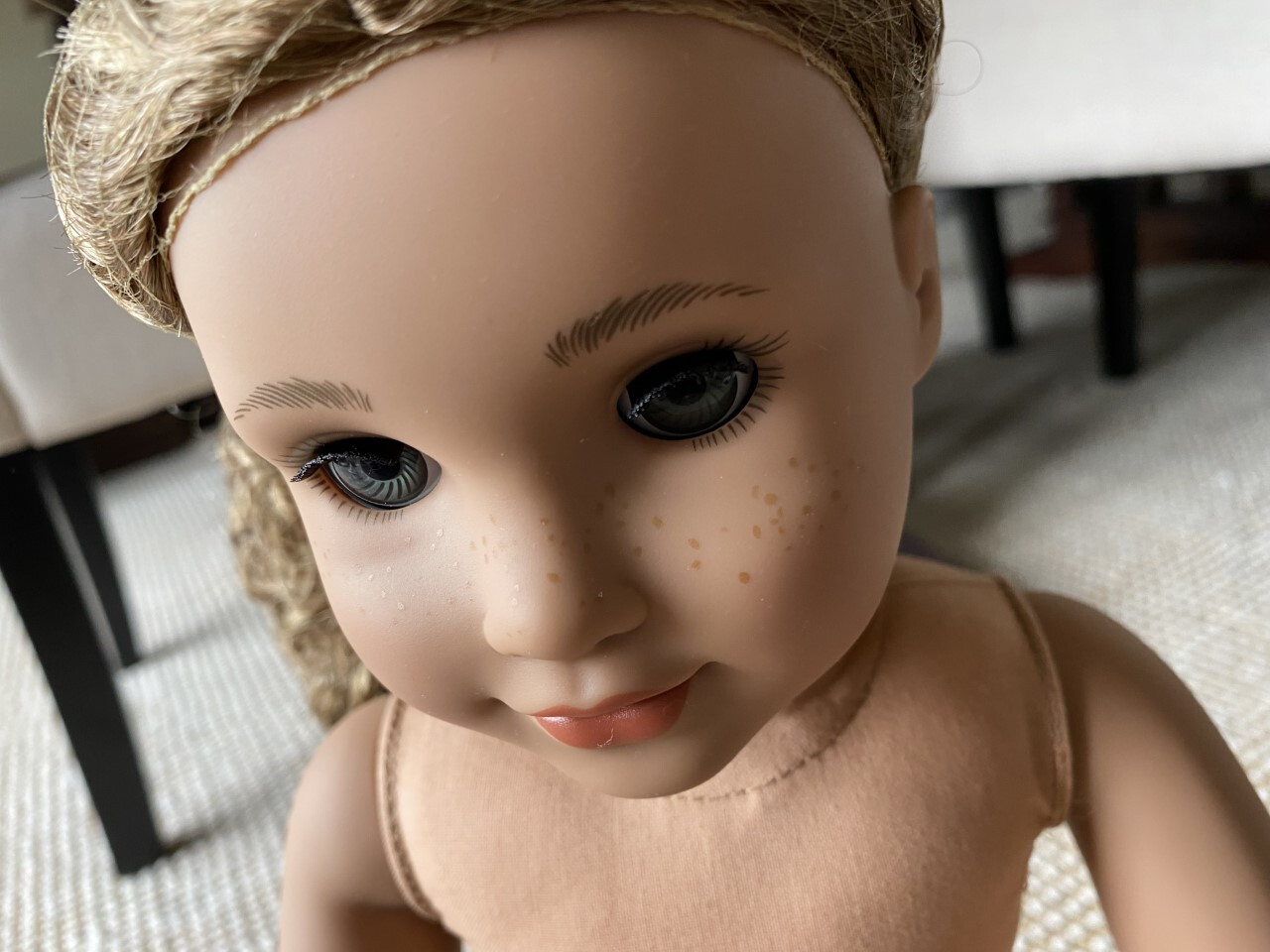 American Girl Evette 18" doll blonde curly hair gray eyes World by Us