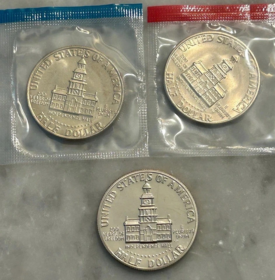1976 P D S Kennedy Commemorative Half Dollar - Proof & BU 3 Coin Lot Mint Cello - Image 2 of 4