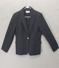 Calvin Klein Blazer Women 10 Black Pinstripe One Button Suit Jacket Workwear