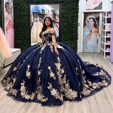 Dark Navy Quinceanera Dresses 3D Floral Birsthday Party Prom Pageant Ball Gowns