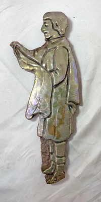 Big antique handmade figural green iridescent glaze man pottery wall tile art