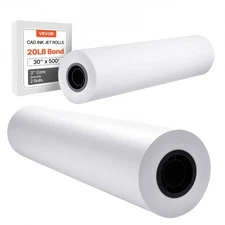 VEVOR Wide Format Paper,30"x500 ft Plotter Roll,2 Rolls CAD Bond Rolls with 3