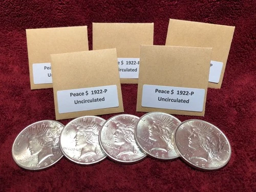 PEACE  1922-P SILVER Dollars ~ 5 Coins ~ GEM BU ~ FREE SHIPPING !  My #309