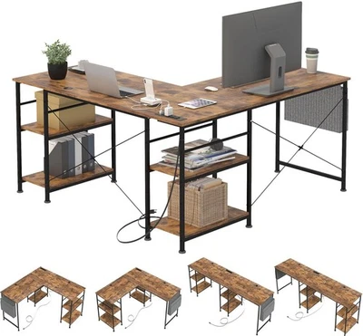 L-förmiger Gaming-Schreibtisch Eckschreibtisch Computertisch mit Steckdose Brown - Bild 1 von 4