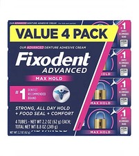 Fixodent Advanced Max Hold Denture Adhesive Cream 4 Tubes 2.2 oz Each NEW SEALED