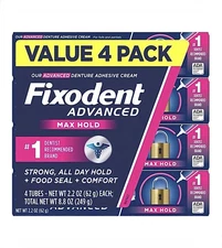 Fixodent Advanced Max Hold Denture Adhesive Cream 4 Tubes 2.2 oz Each NEW SEALED