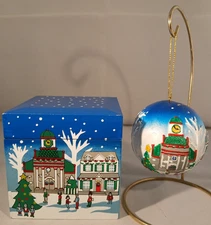 VINTAGE HAND PAINTED WOODEN BOX AND ORNAMENT, SCENIC WINTER TOWN, CHURCH, TREES